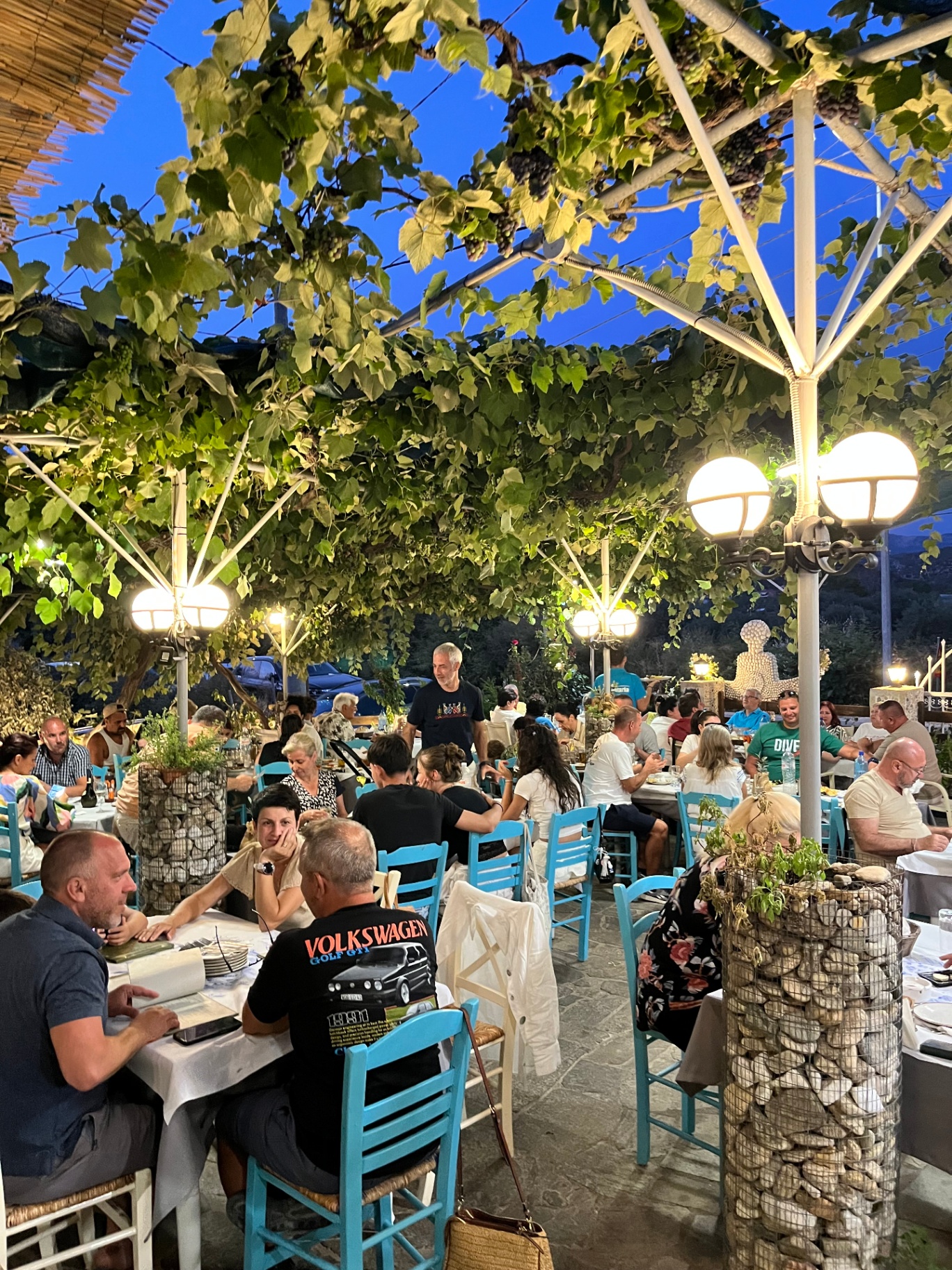 Outdoor dining area in the evening