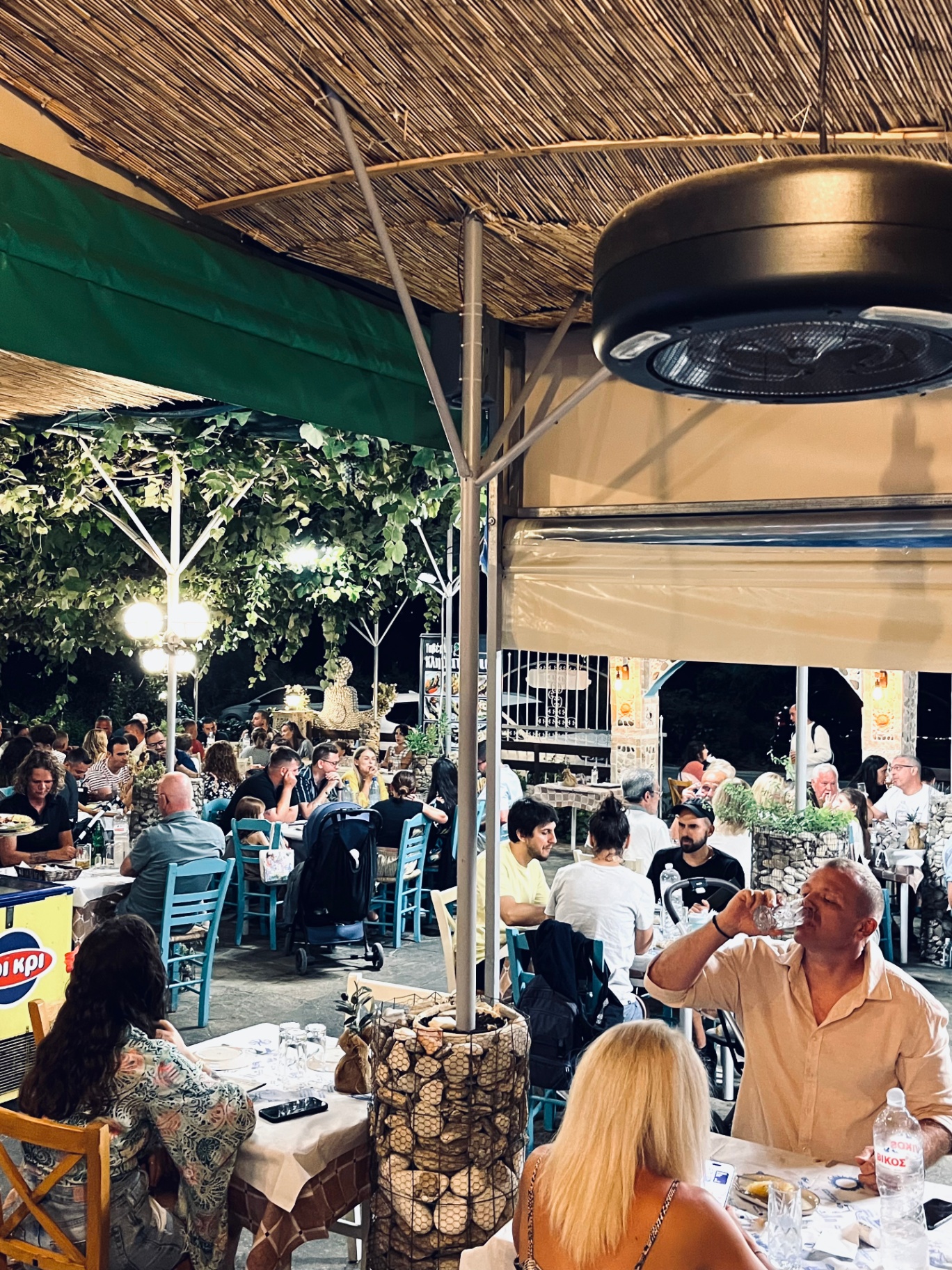 Full outdoor dining area at night